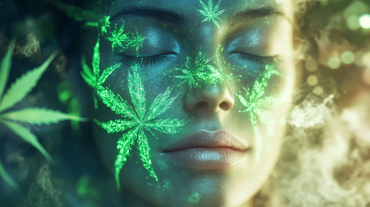 Visage paisible en forme de feuilles de cannabis, un hôpital flou en arrière-plan, symbole de guérison grâce au CBD.