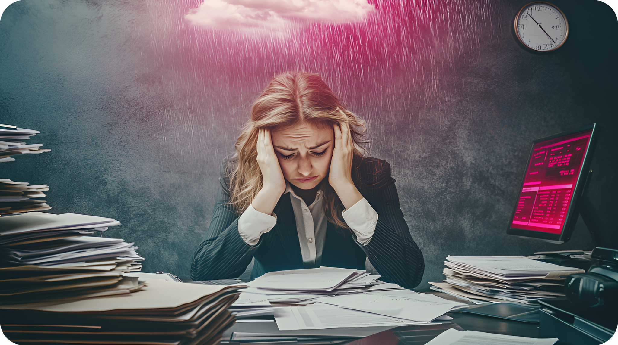 Femme en burn-out au travail devant son bureau, ambiance sombre et stressante
