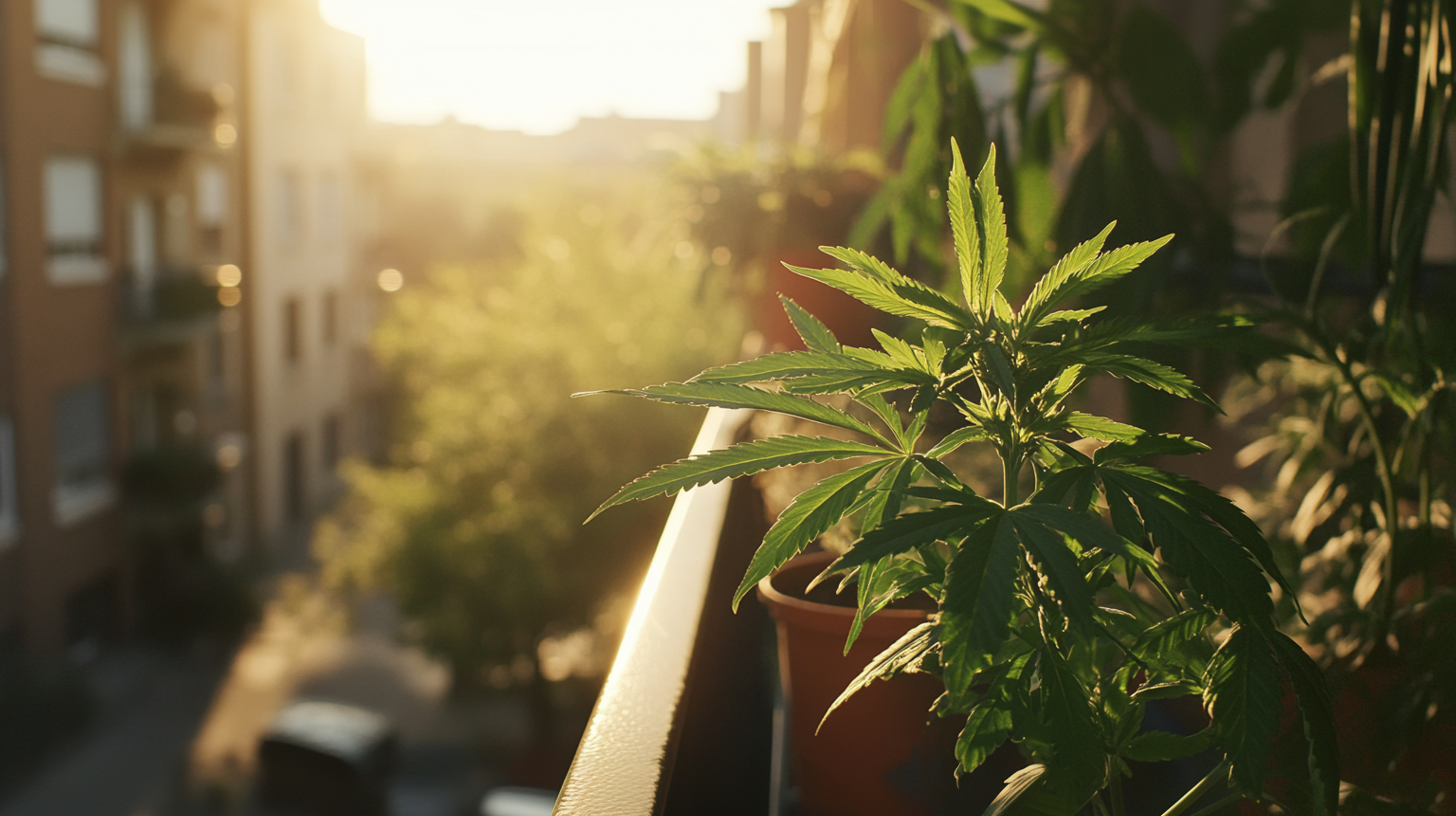 Pied de cannabis cultivé sur le balcon d’un immeuble en cité française, en plein jour