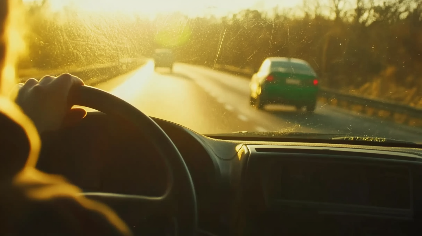 Intérieur réaliste d’une voiture au coucher du soleil, mains sur le volant, ambiance chaleureuse et calme avec une fiole de CBD visible dans le porte-gobelet, symbolisant la conduite responsable.