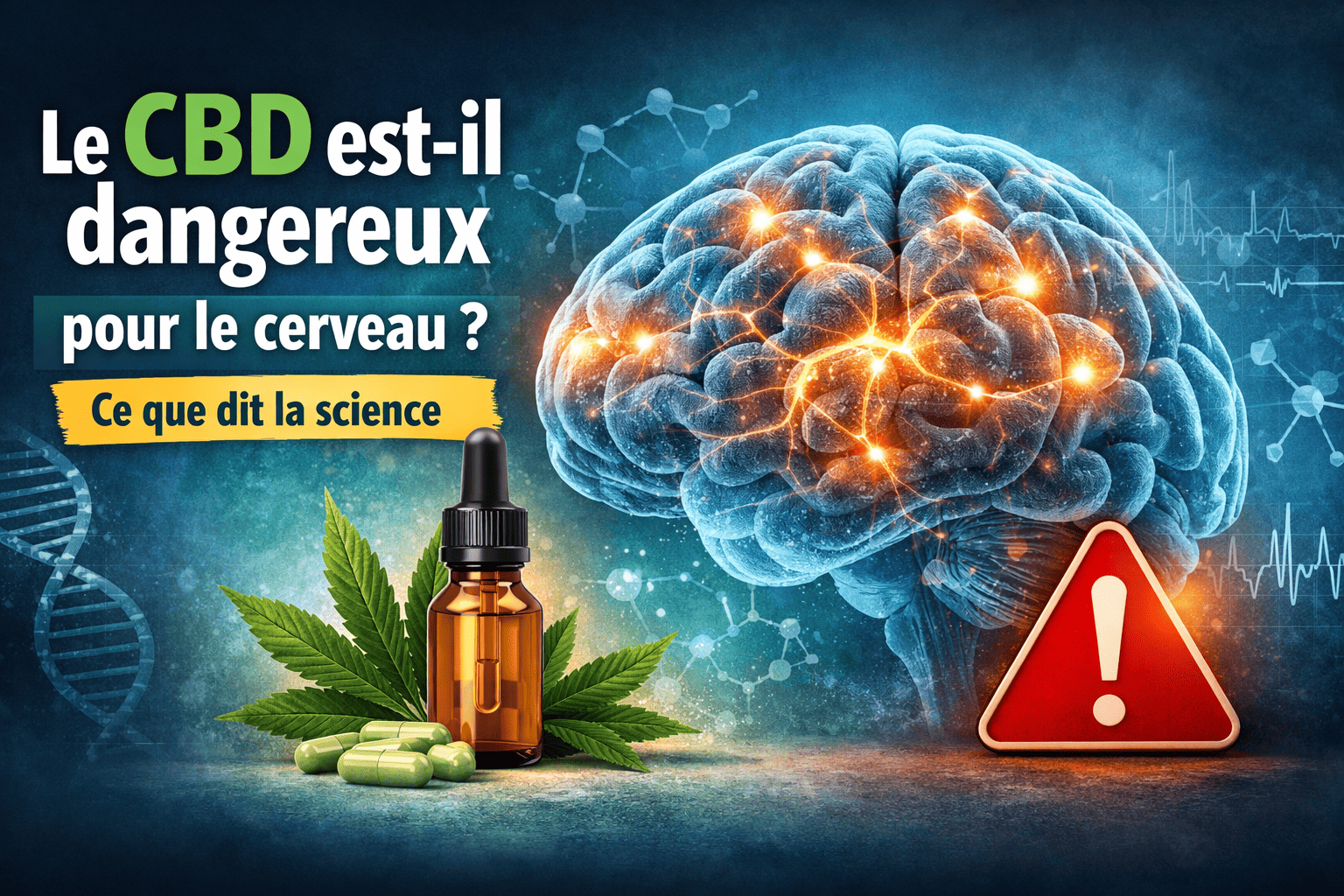 Illustration 16:9 sur le CBD et le cerveau avec cerveau lumineux, flacon de CBD, feuille de chanvre et symbole d’alerte, pour un article expliquant les risques et effets du CBD selon la science.