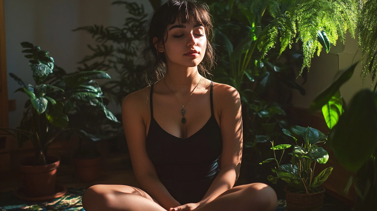 Jeune femme sereine dans une pièce accueillante avec des plantes vertes, illustrant les effets apaisants et naturels du CBD