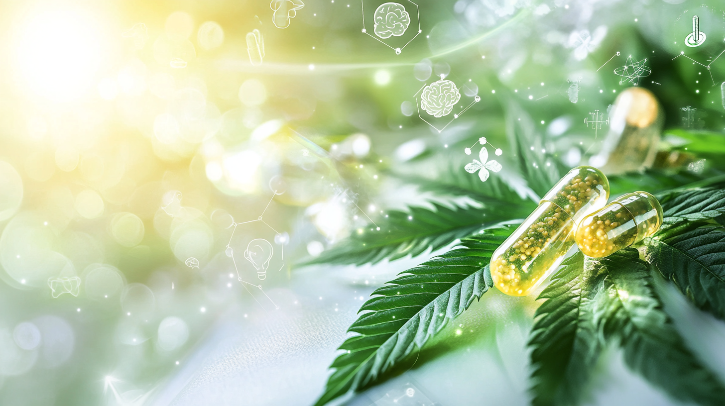 Capsules de CBD posées sur des feuilles de chanvre, illustrant les effets secondaires possibles du cannabidiol