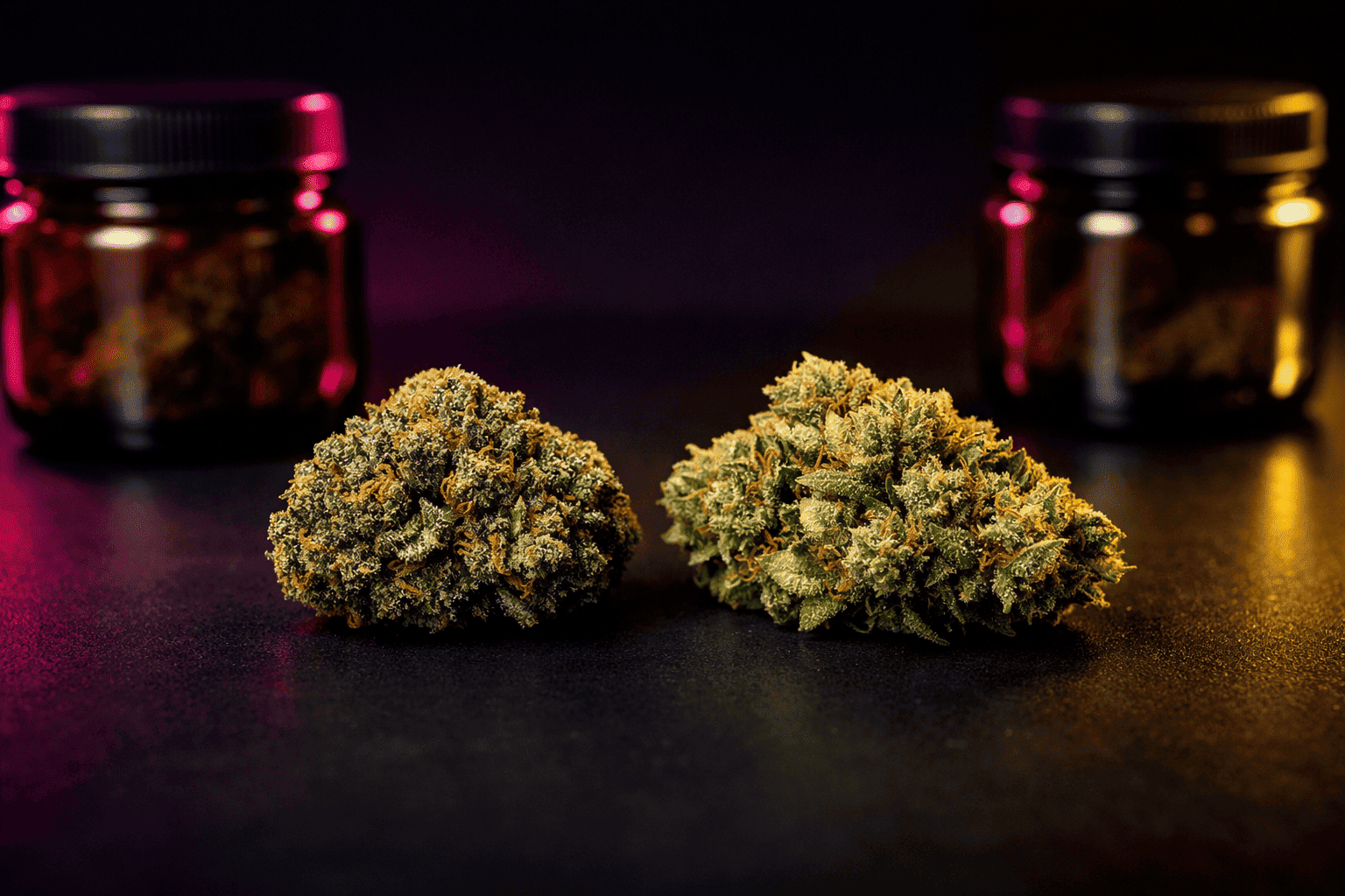 Comparaison de deux fleurs CBD de qualité, une indoor dense et une greenhouse plus naturelle, posées sur fond sombre avec pots en verre floutés en arrière-plan