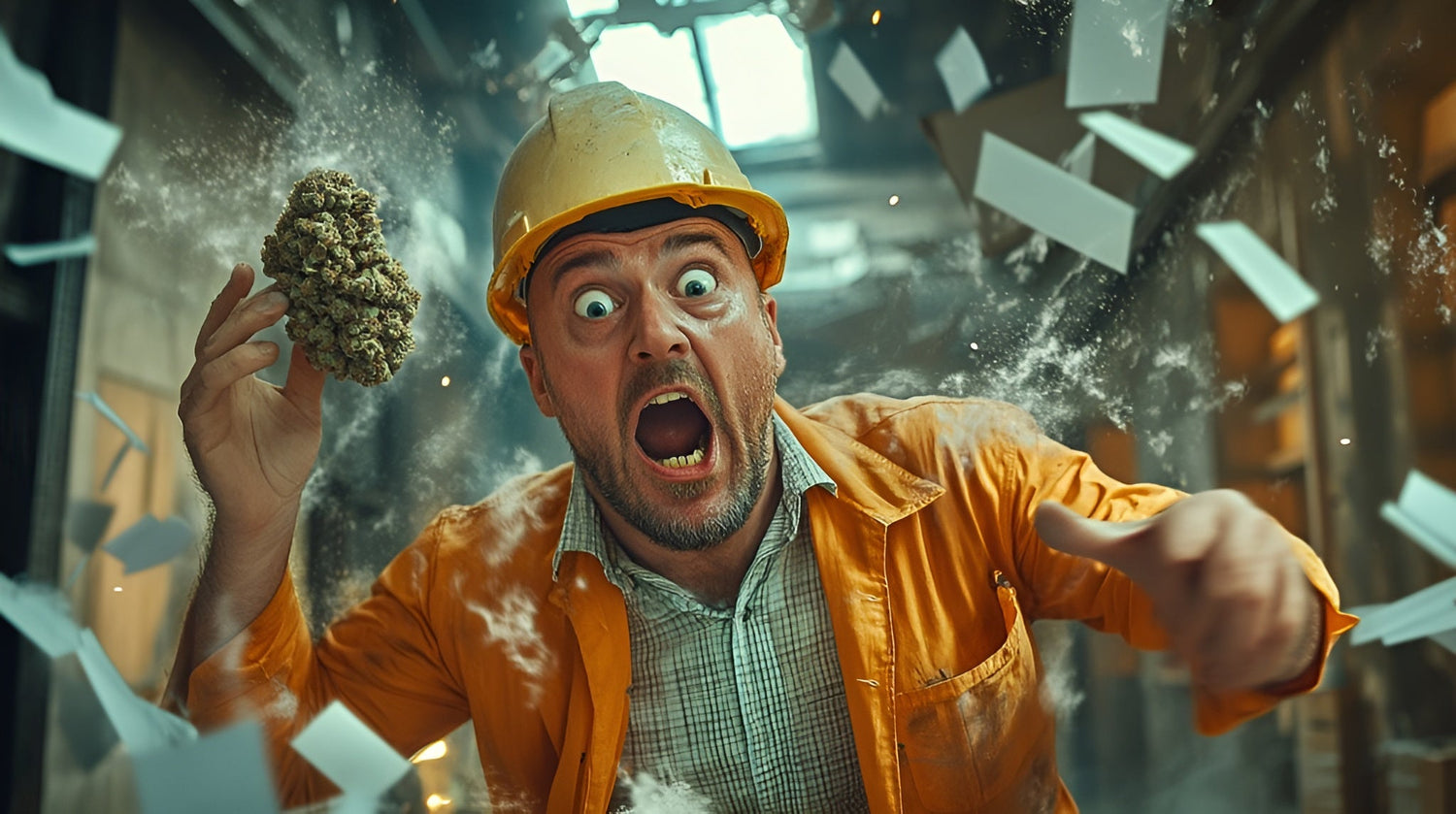 Ouvrier du bâtiment surpris avec du CBD, scène dramatique de renvoi, contraste élevé, émotion intense