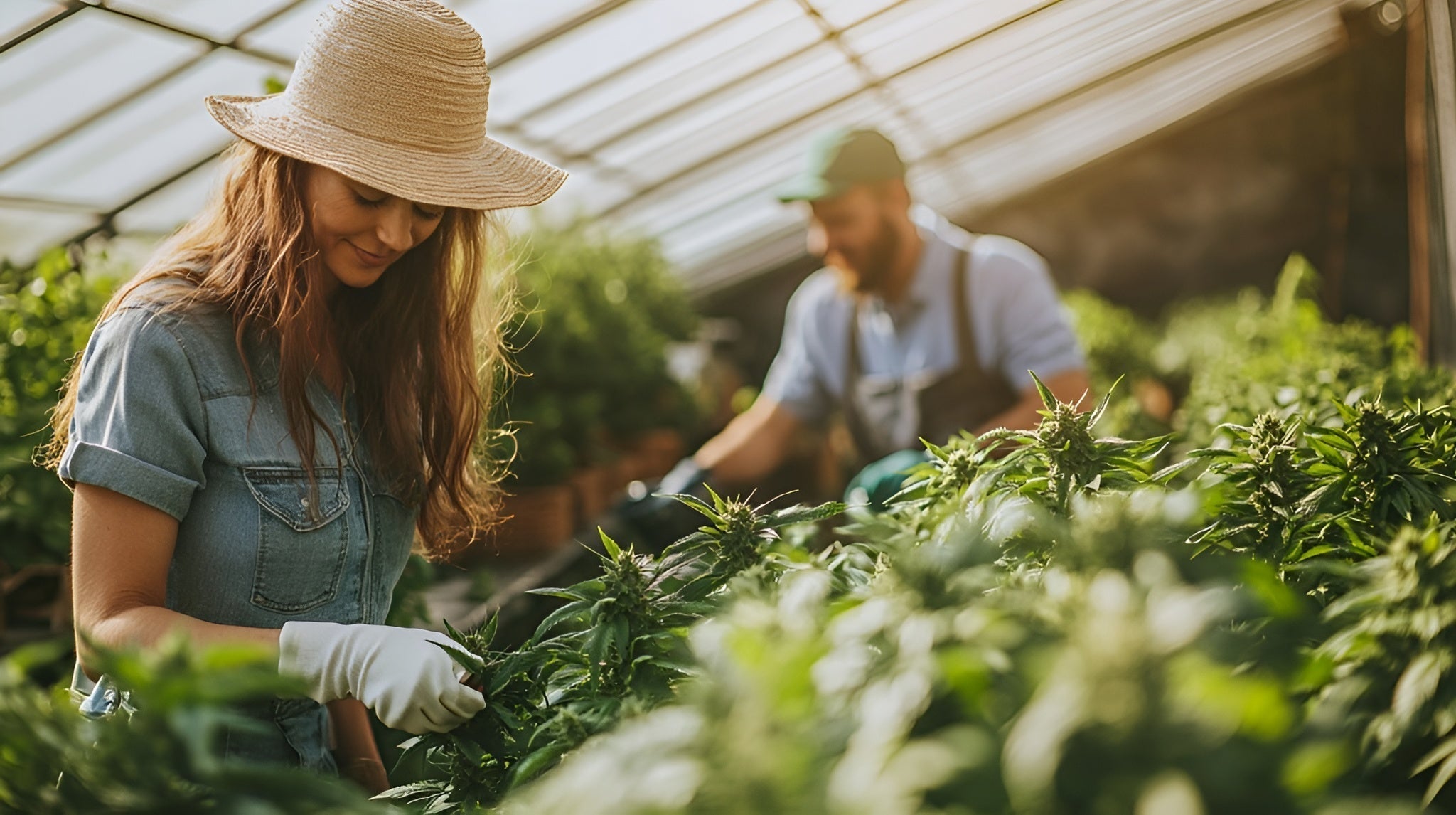 Serre de CBD avec une femme et un homme travaillant, taillant et arrosant des plantes de cannabis CBD sous la lumière naturelle en 2025