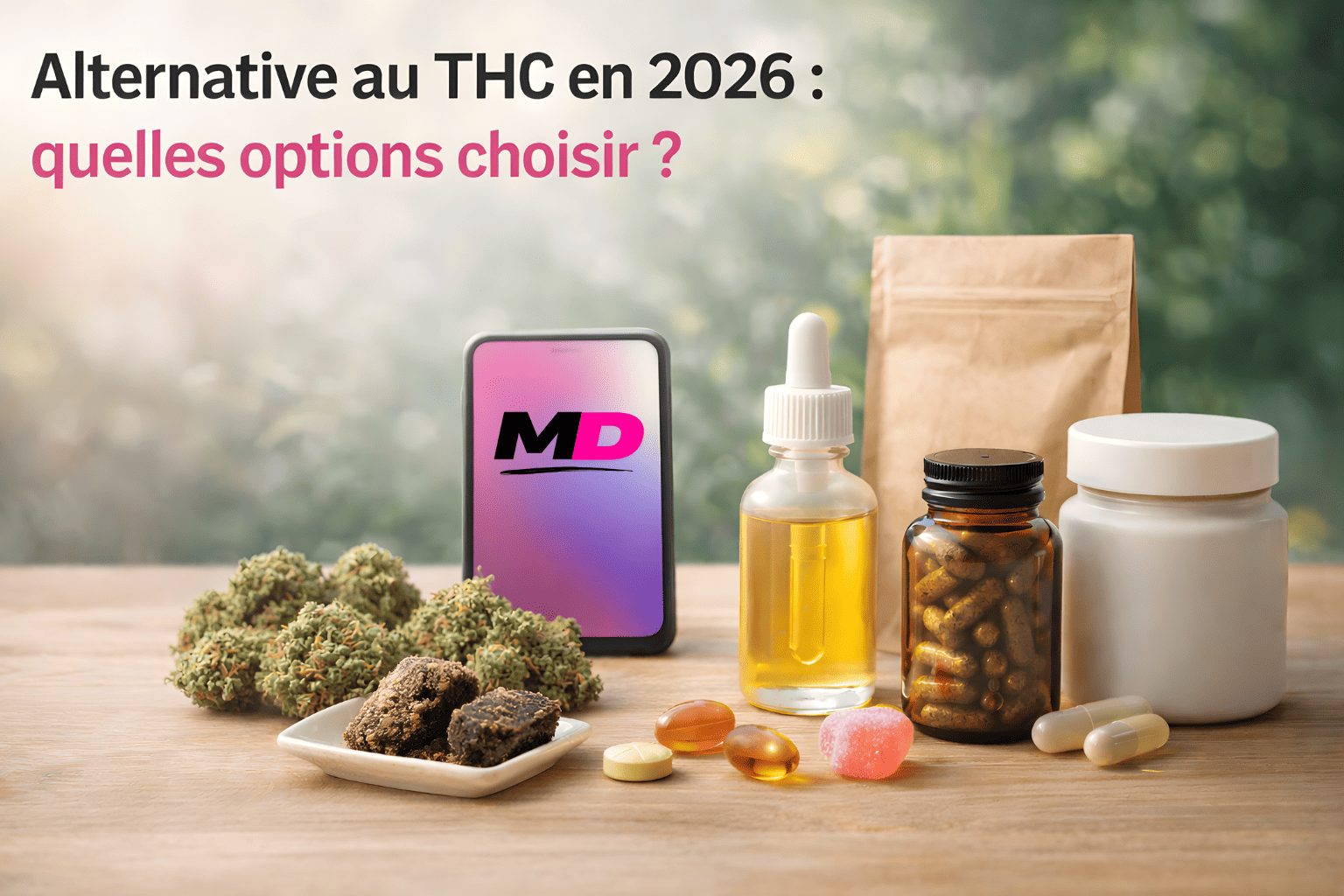 Produits CBD variés (fleurs, résine, huile) pour illustrer un guide 2026 sur les alternatives au THC