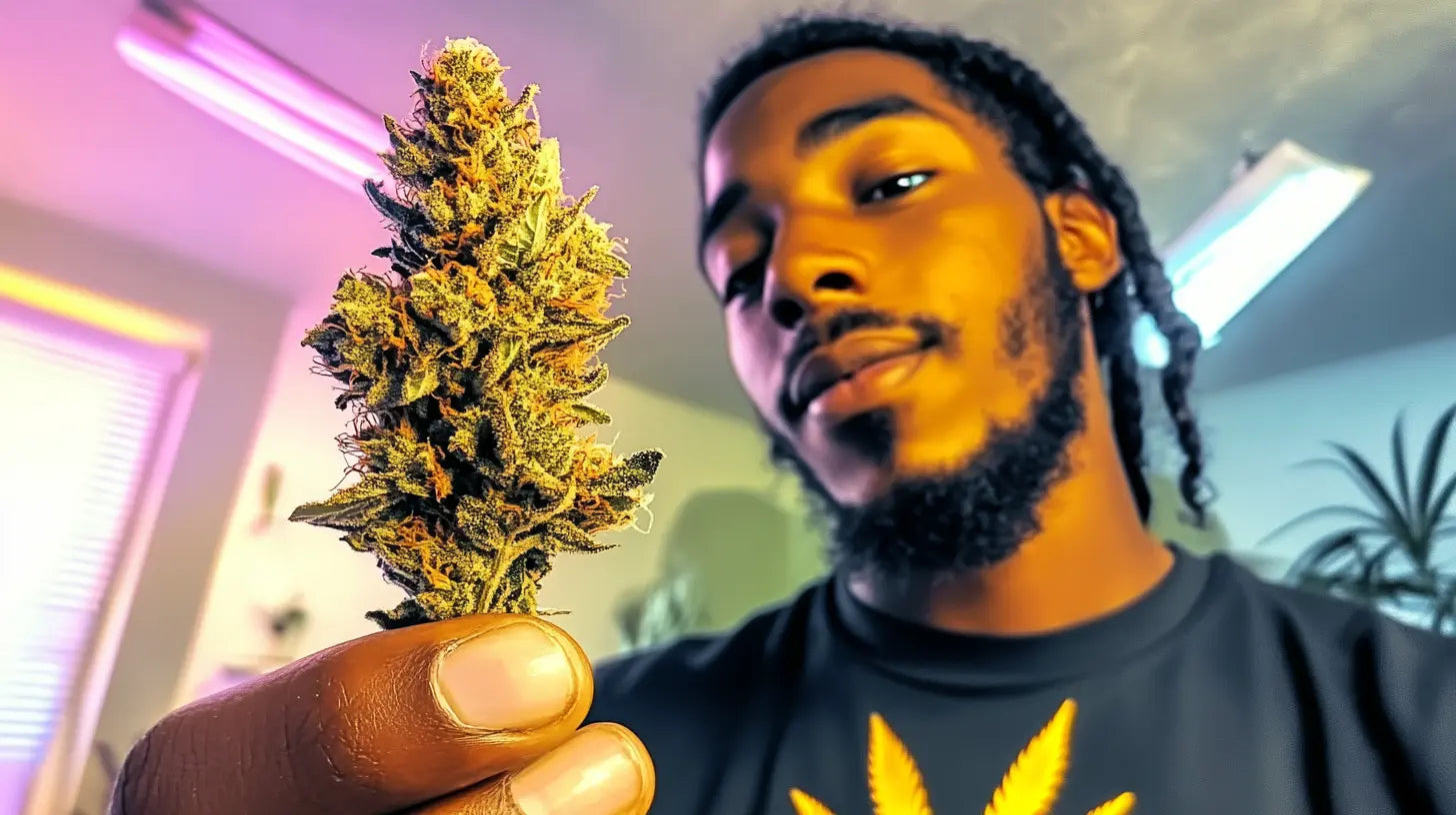 Homme noir tenant une fleur de CBD avec un effet de lumière néon rose, représentant les 5 mythes du CBD brisés.