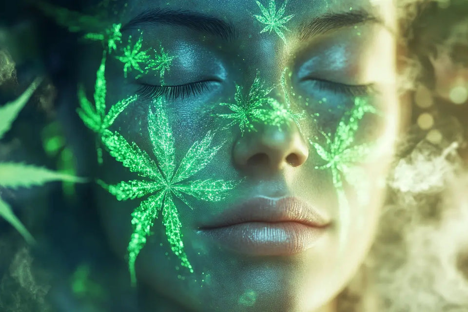 Visage paisible en forme de feuilles de cannabis, un hôpital flou en arrière-plan, symbole de guérison grâce au CBD.