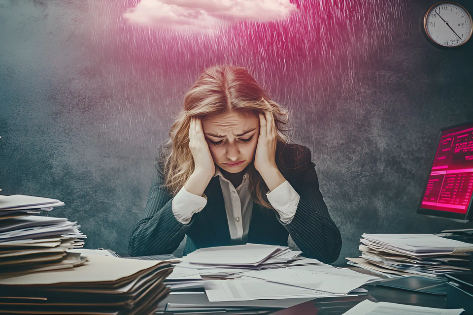 Femme en burn-out au travail devant son bureau, ambiance sombre et stressante