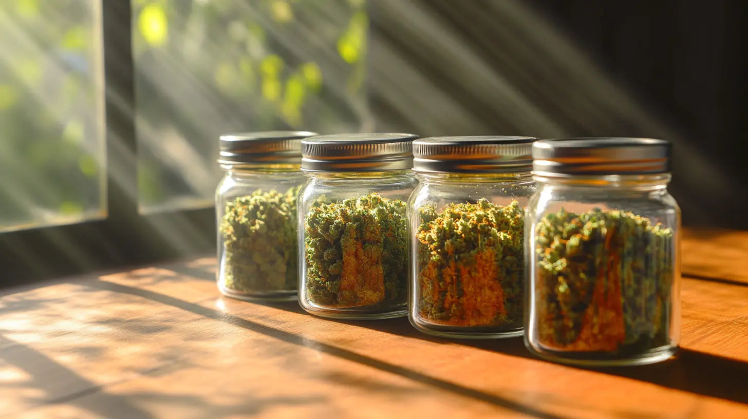 Quatre pots en verre remplis de fleurs de CBD