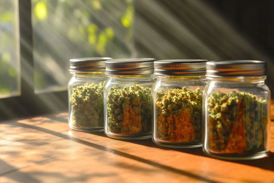 Quatre pots en verre remplis de fleurs de CBD