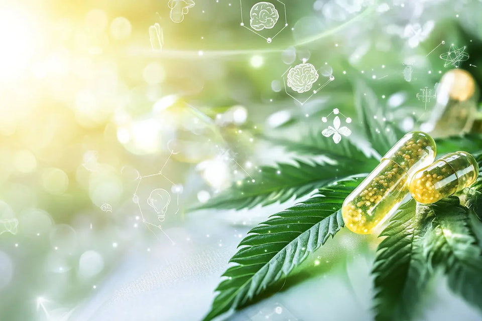 Capsules de CBD posées sur des feuilles de chanvre, illustrant les effets secondaires possibles du cannabidiol