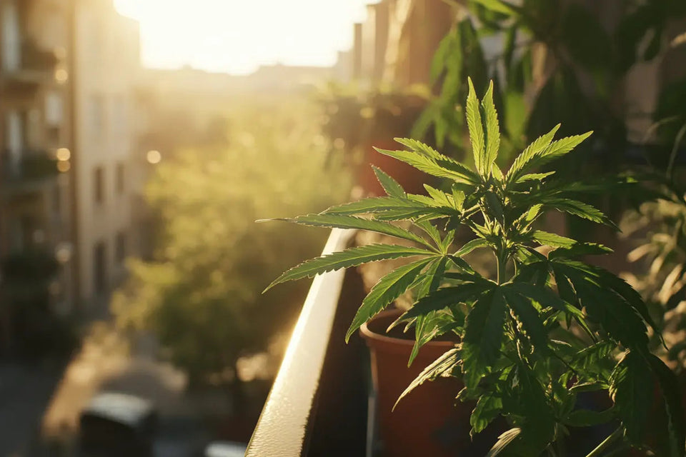 Pied de cannabis cultivé sur le balcon d’un immeuble en cité française, en plein jour