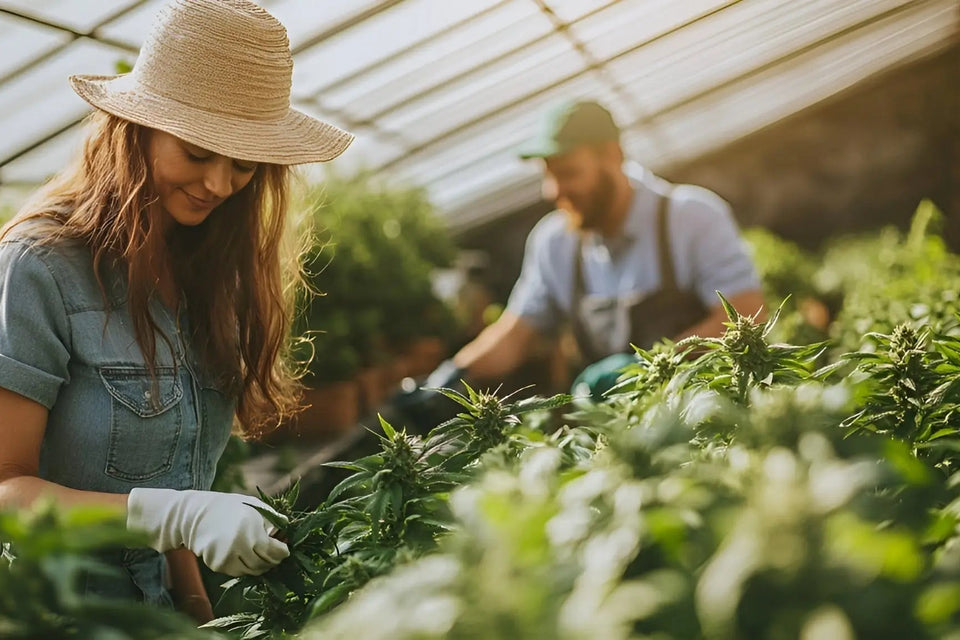 Serre de CBD avec une femme et un homme travaillant, taillant et arrosant des plantes de cannabis CBD sous la lumière naturelle en 2025
