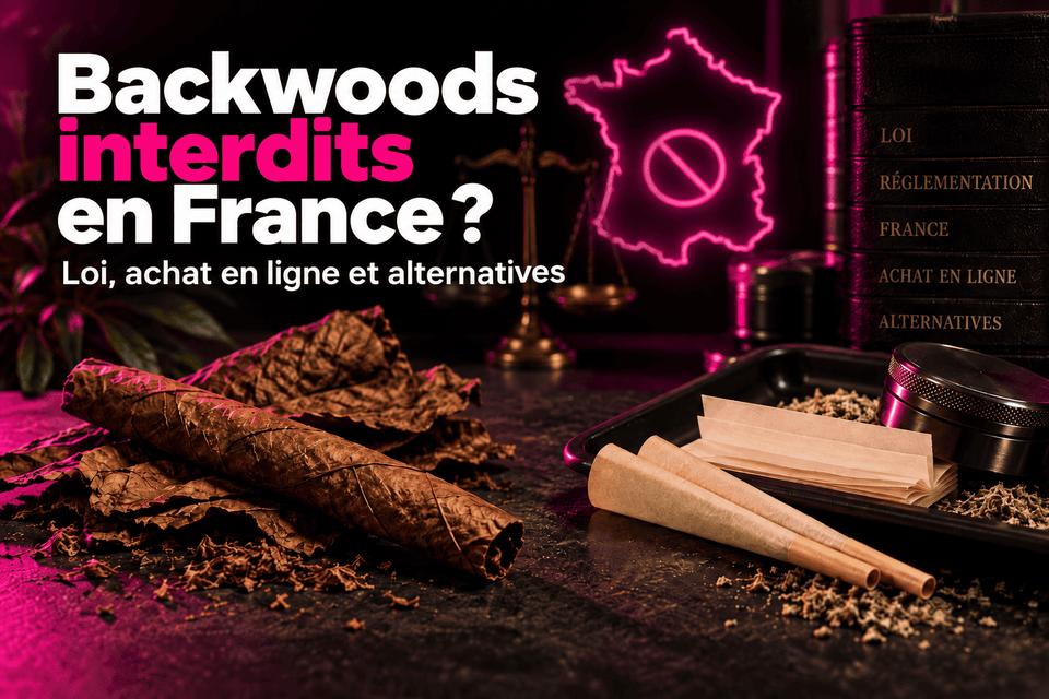 Backwoods interdits en France : feuille de tabac, papiers à rouler et symbole d'interdiction