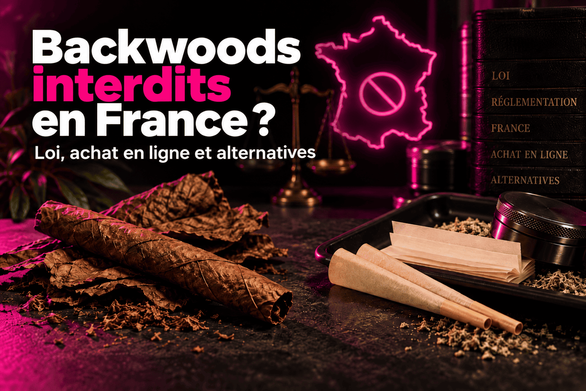 Backwoods interdits en France : feuille de tabac, papiers à rouler et symbole d'interdiction