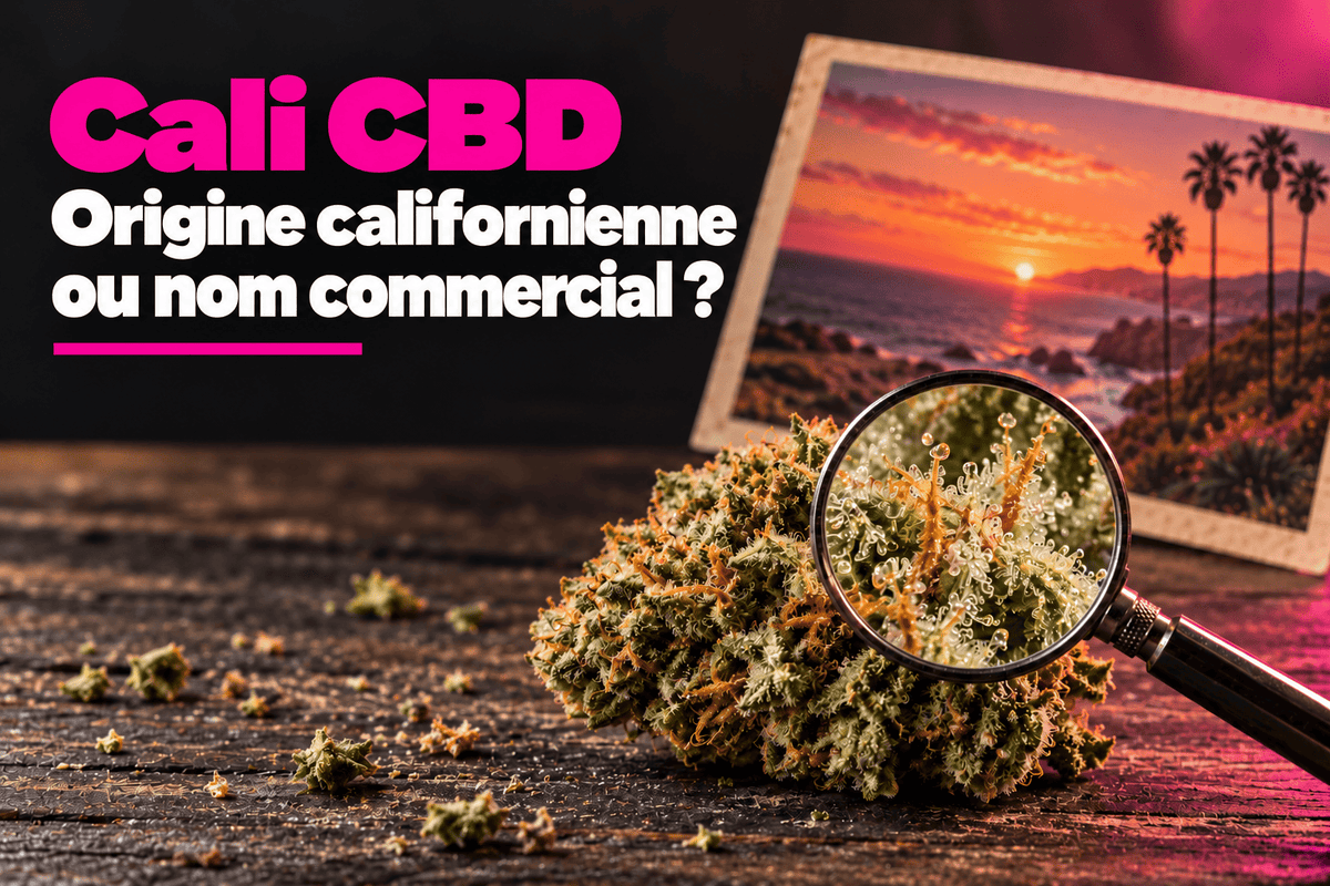 Fleur de CBD examinée à la loupe devant une photo de Californie, illustrant la différence entre origine et nom commercial Cali.
