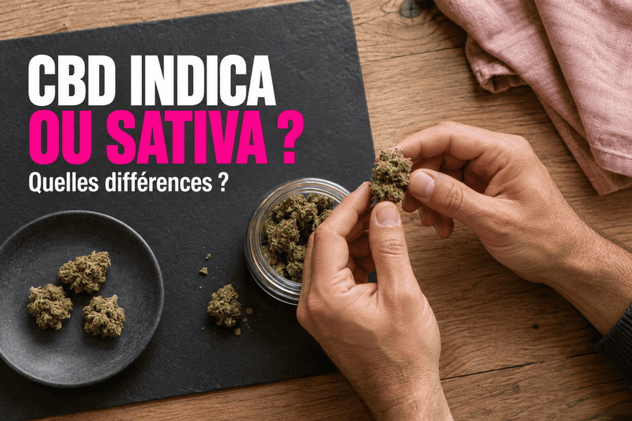 Mains d’un homme examinant une fleur de CBD près d’un pot en verre, pour illustrer le choix entre indica et sativa.