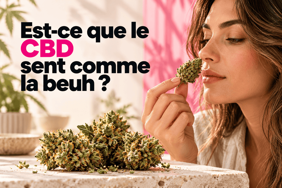 Une femme sent une fleur de CBD, avec des fleurs au premier plan et le titre « Est-ce que le CBD sent comme la beuh ? ».