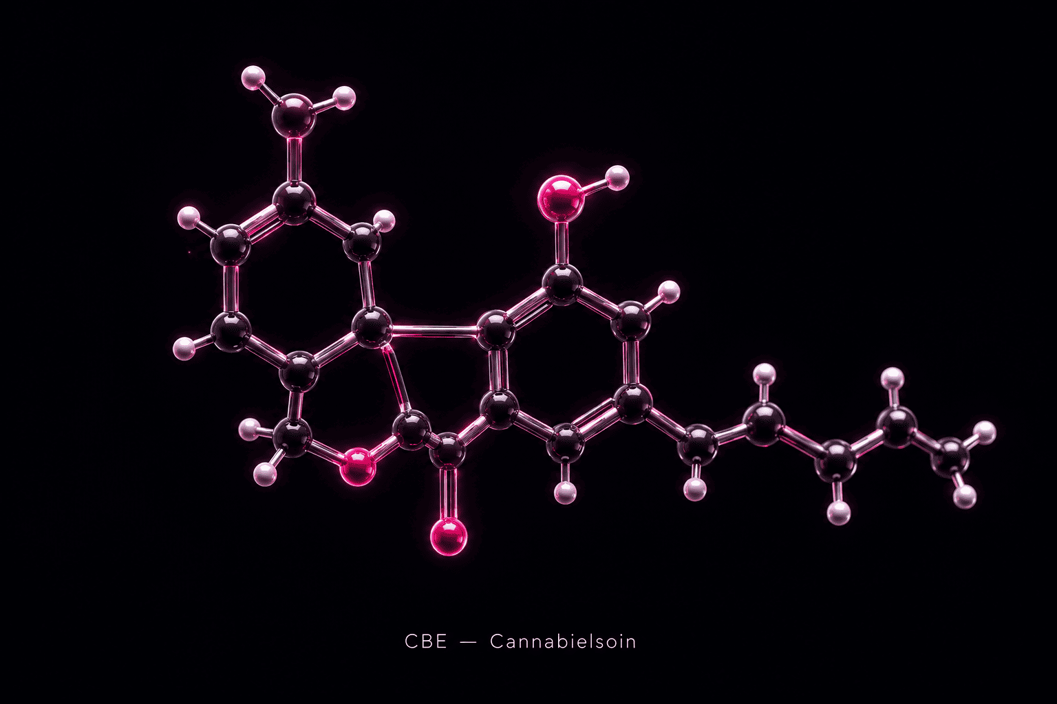 Molécule de CBE (Cannabielsoin), phytocannabinoïde proche du CBD, sur fond sombre Megadose