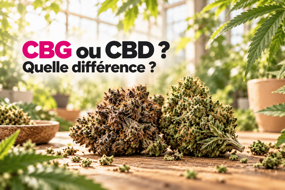 Deux fleurs de chanvre sur une table en bois illustrant la différence entre CBG et CBD