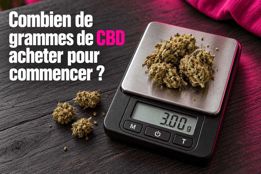 Fleurs de CBD sur une balance électronique affichant 3 g, pour illustrer le choix du grammage à acheter.