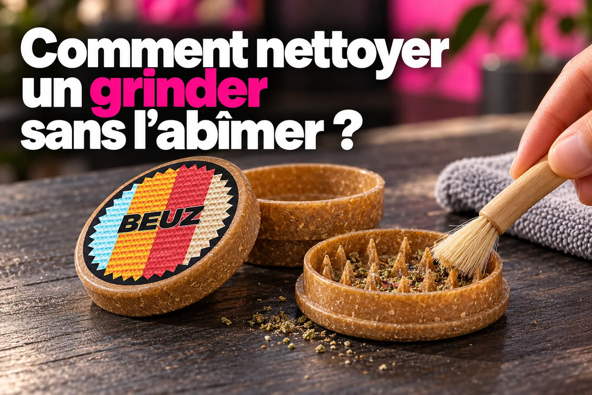 Nettoyage à sec d’un grinder Beuz marron démonté avec une brosse souple.