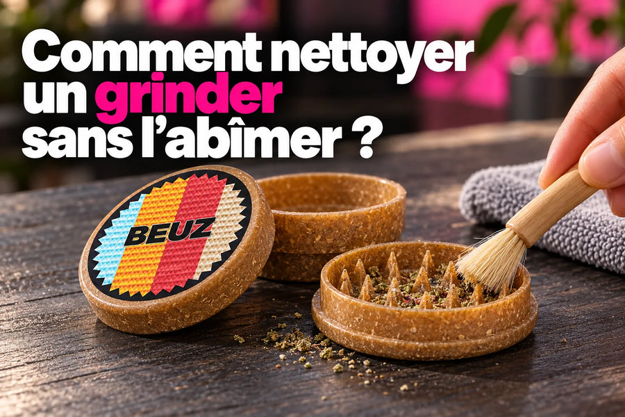 Nettoyage à sec d’un grinder Beuz marron démonté avec une brosse souple.