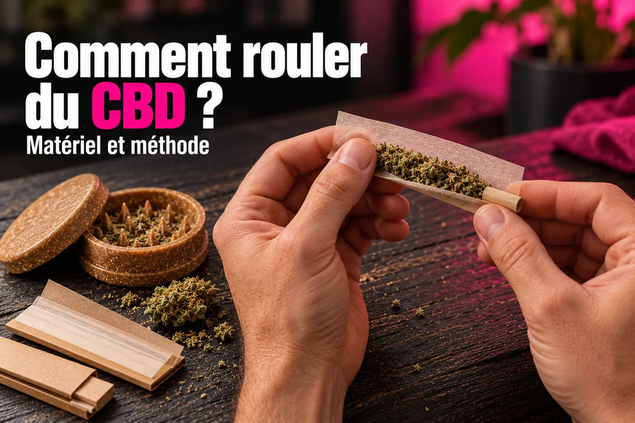 Mains préparant une fleur CBD dans une feuille à rouler, avec un grinder et des filtres carton sur une table sombre.