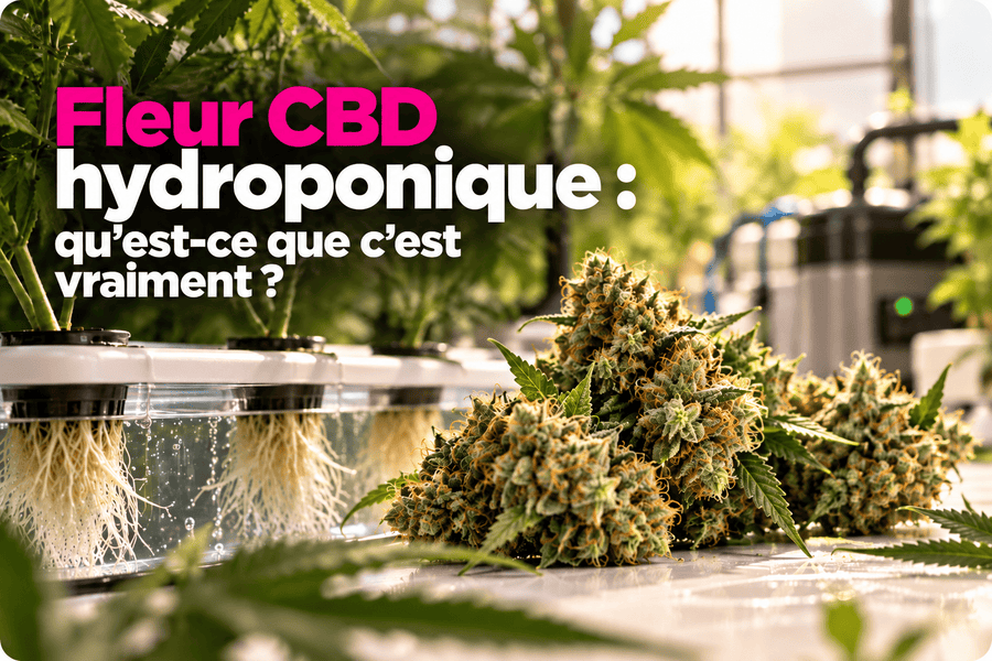Fleur CBD hydroponique avec racines visibles en culture hors-sol, illustration d’un système hydroponique