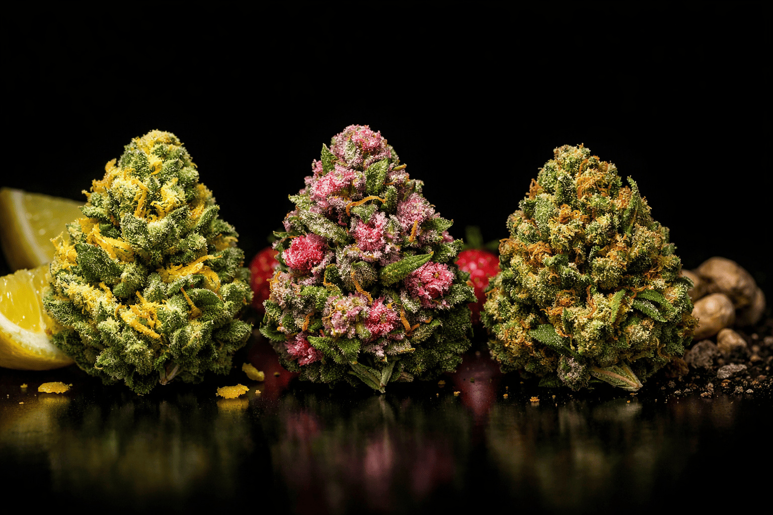 Comparaison de trois fleurs CBD aux profils aromatiques différents : citronné, fruité et terreux, photographiées sur fond noir pour illustrer le choix d’une fleur CBD selon le goût.