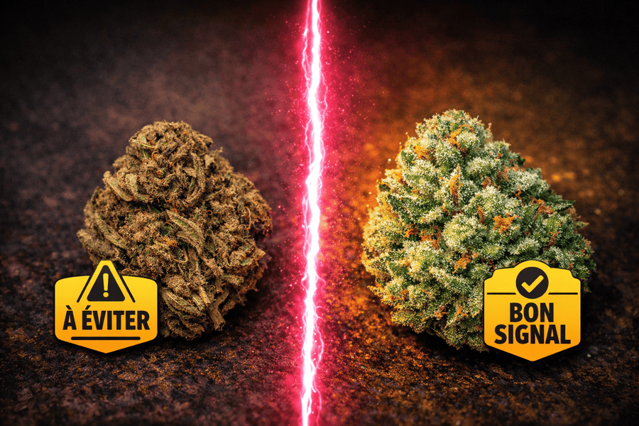 Comparatif visuel entre une fleur CBD sèche et terne à éviter et une fleur CBD dense, fraîche et riche en trichomes, avec séparation lumineuse rose au centre.