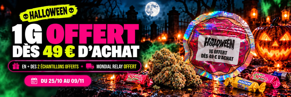 Offre Halloween Megadose : 1 g de CBD offert dès 49 € d’achat, en plus de 2 échantillons et de la livraison Mondial Relay offerte, du 25 octobre au 9 novembre.