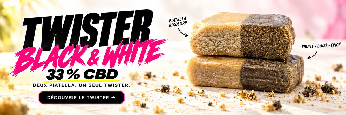 Twister Black & White 33 % CBD Megadose : deux blocs de résine piatella noire et blonde superposés sur fond clair.