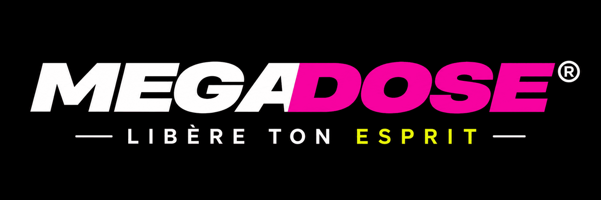 Logo Megadose blanc et rose sur fond noir avec le slogan « Libère ton esprit », le mot « esprit » en jaune.