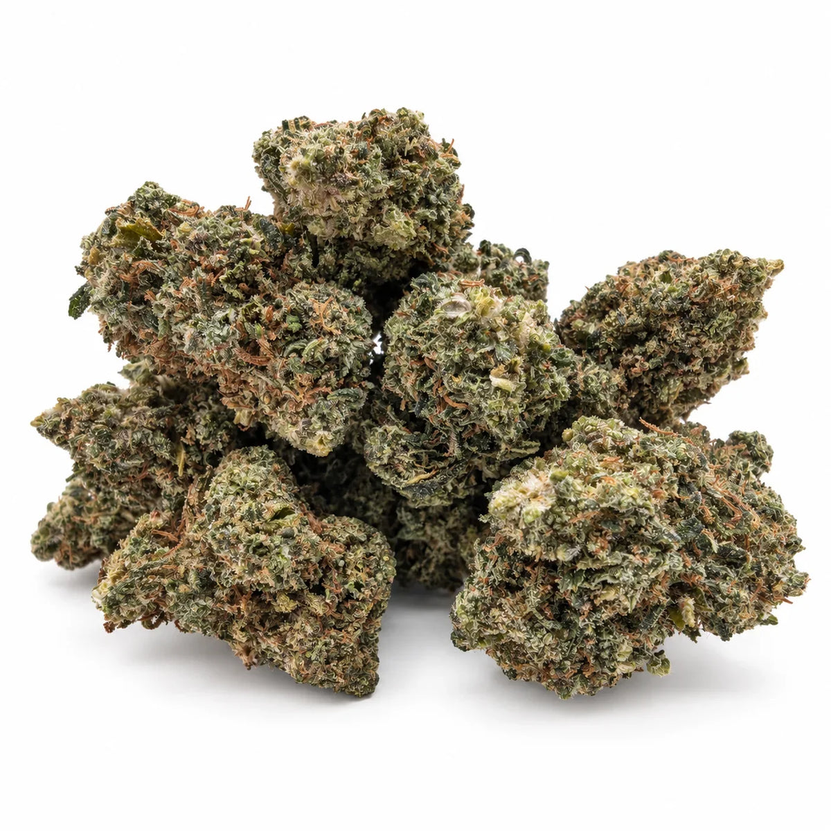 Silver Haze Mid Buds NL-1 : ensemble de fleurs vert olive aux pistils brun orangé, photographiées sur fond blanc.